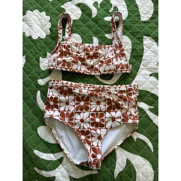 Billabong Girl's A Flower For You Golden Brown High Waisted Tankini Bikini S - Picture 3 of 6